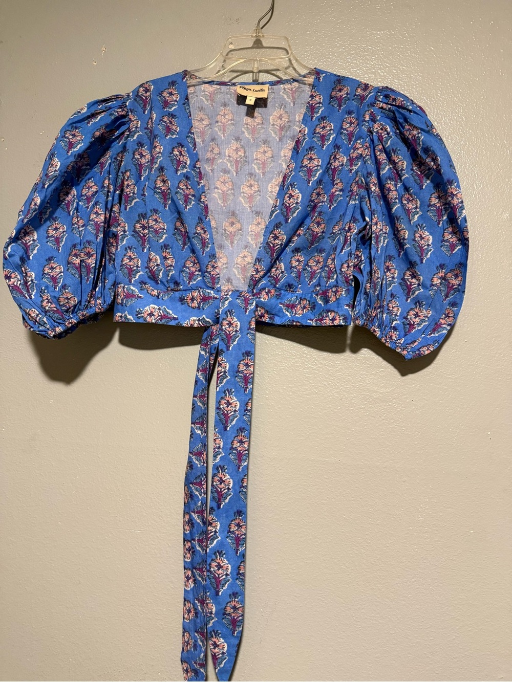 Playa Lucila Blue Floral Puff-Sleeve Tie-Front Crop Top size S